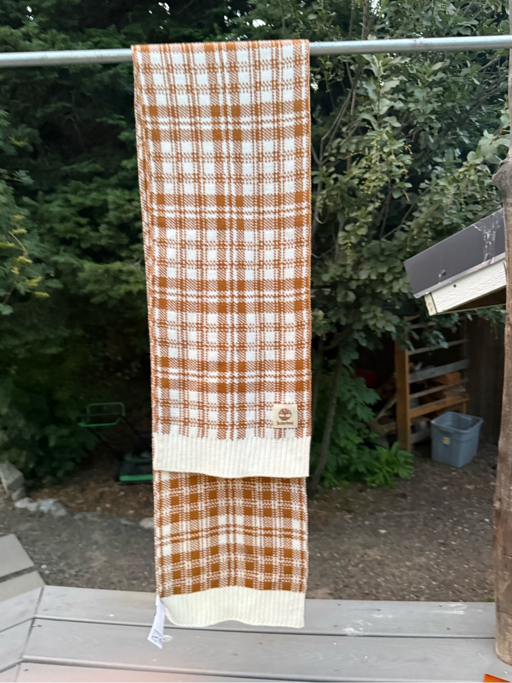 Timberland Brown and White Plaid Knit Scarf